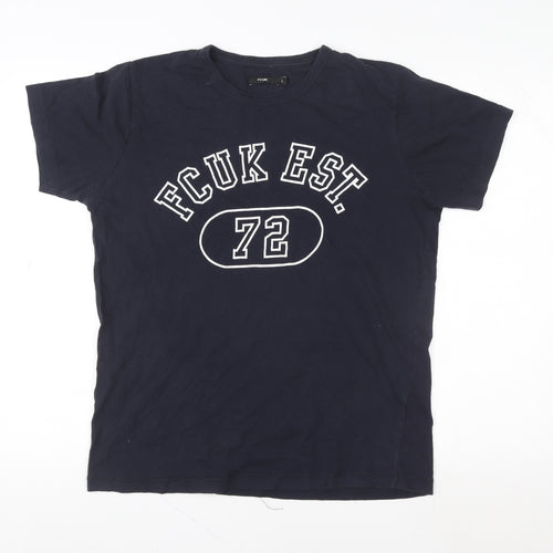 FCUK Men's Blue Graphic Logo T-Shirt Size L Retro Style