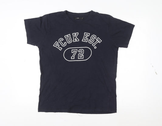 FCUK Men's Blue Graphic Logo T-Shirt Size L Retro Style