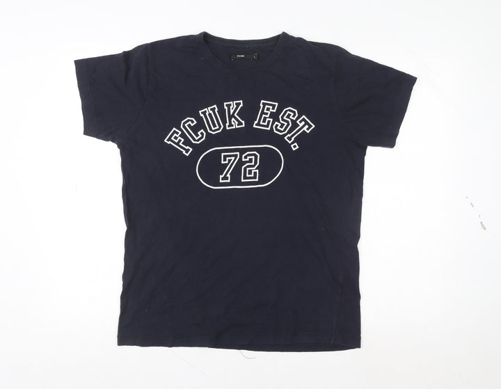FCUK Men's Blue Graphic Logo T-Shirt Size L Retro Style