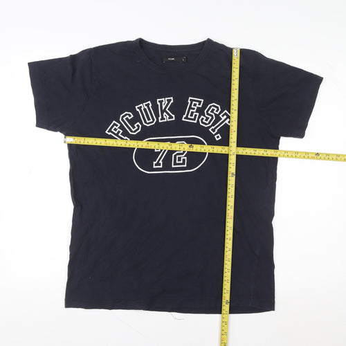 FCUK Men's Blue Graphic Logo T-Shirt Size L Retro Style