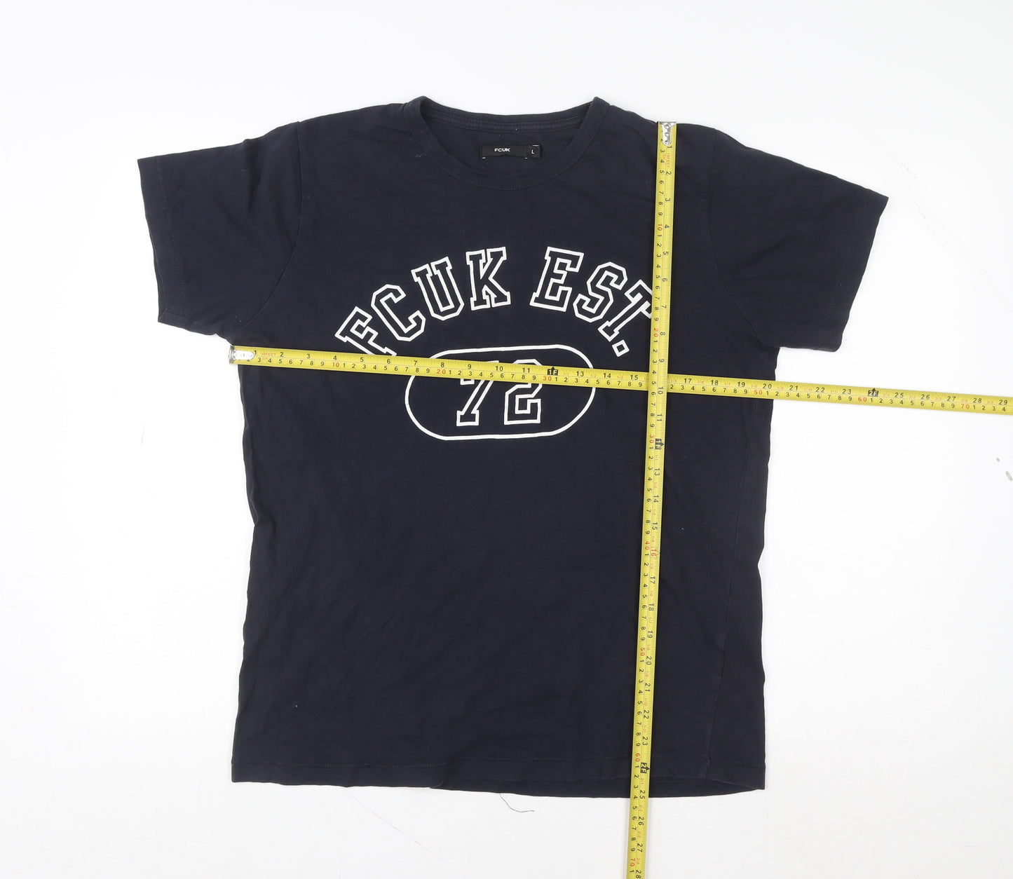 FCUK Men's Blue Graphic Logo T-Shirt Size L Retro Style