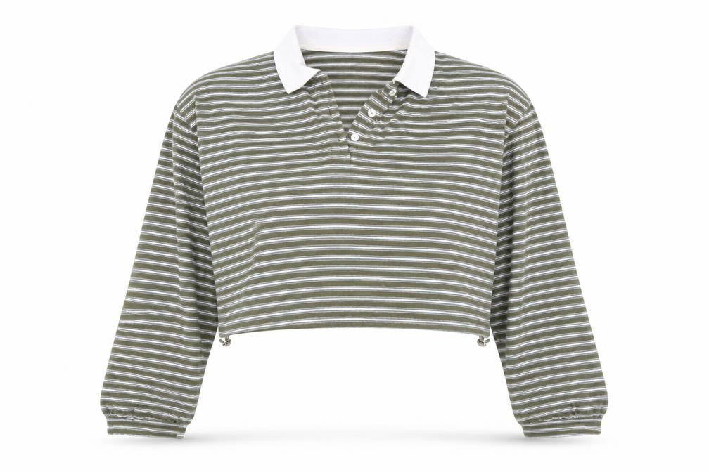 Front view of Cider women’s green striped collared cropped polo shirt xl