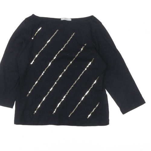 Marks and Spencer Women's Black Sequin 3/4 Sleeve Boat Neck T-Shirt UK 14