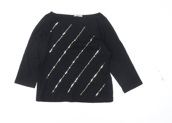 Marks and Spencer Women's Black Sequin 3/4 Sleeve Boat Neck T-Shirt UK 14