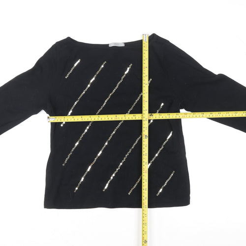 Marks and Spencer Women's Black Sequin 3/4 Sleeve Boat Neck T-Shirt UK 14