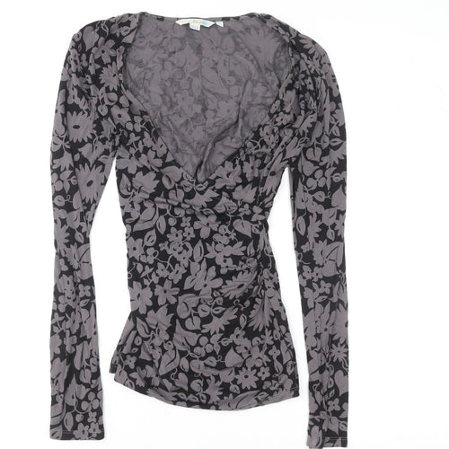 Boden Women’s Grey Floral Wrap Blouse UK 6 V-Neck Long Sleeve Top