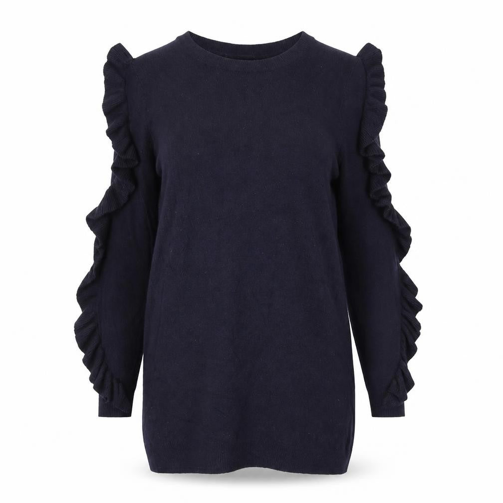 Front view of Marks & Spencer women’s blue ruffle sleeve knit blouse uk 12