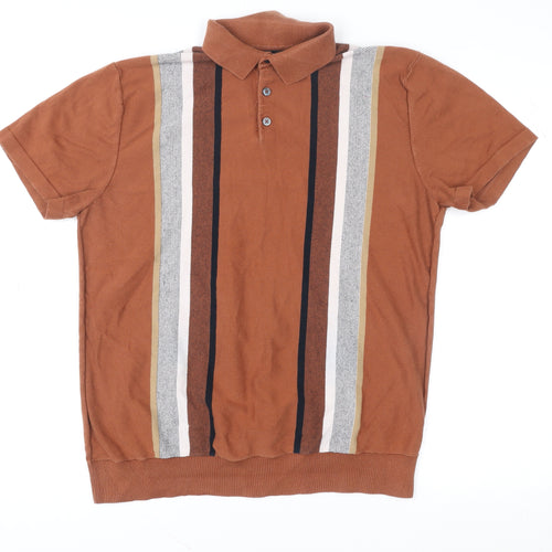 Next Men’s Brown Striped Knit Polo Shirt L Retro Casual