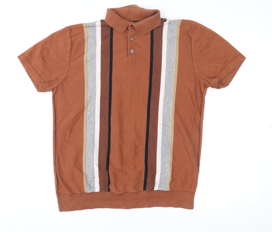 Next Men’s Brown Striped Knit Polo Shirt L Retro Casual