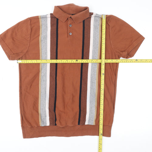 Next Men’s Brown Striped Knit Polo Shirt L Retro Casual
