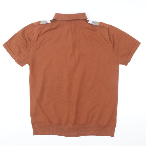 Next Men’s Brown Striped Knit Polo Shirt L Retro Casual
