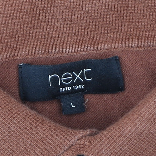 Next Men’s Brown Striped Knit Polo Shirt L Retro Casual