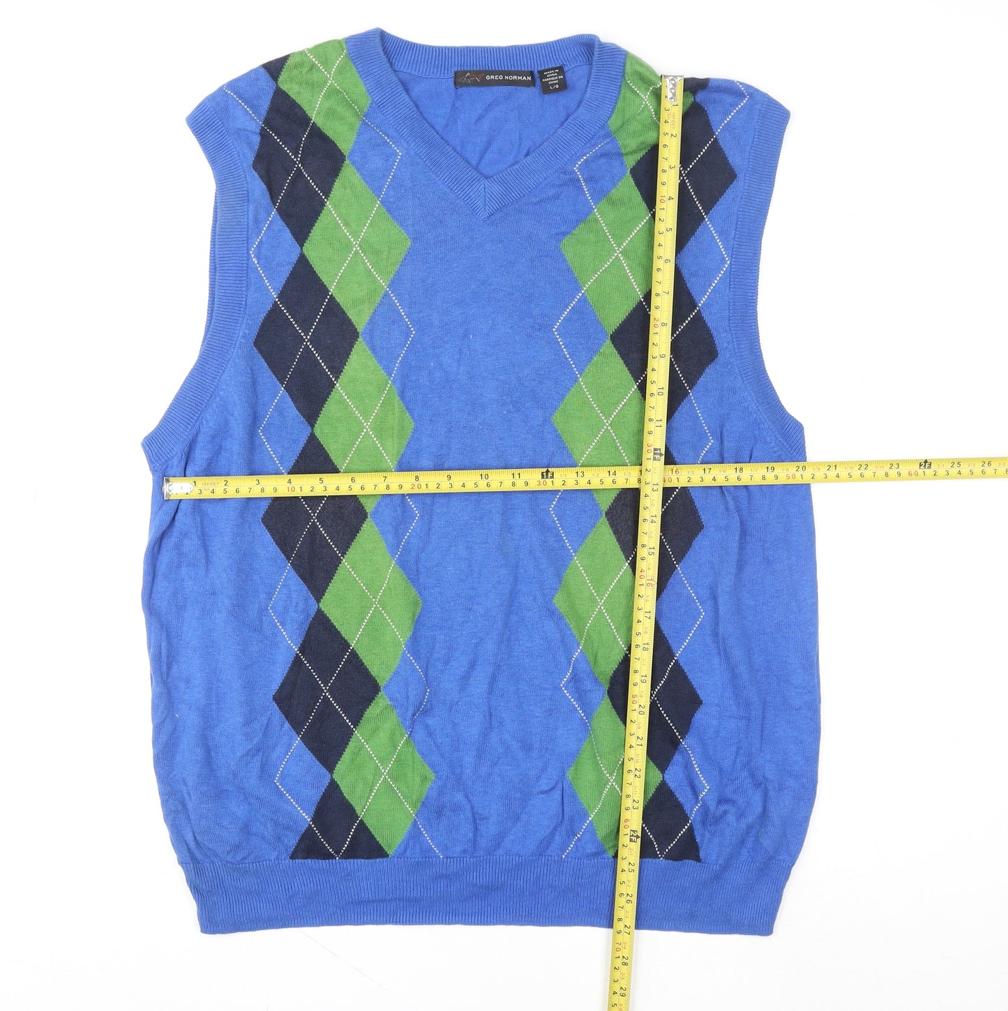 Greg Norman Men's Blue Argyle V-Neck Golf Sleeveless Vest L