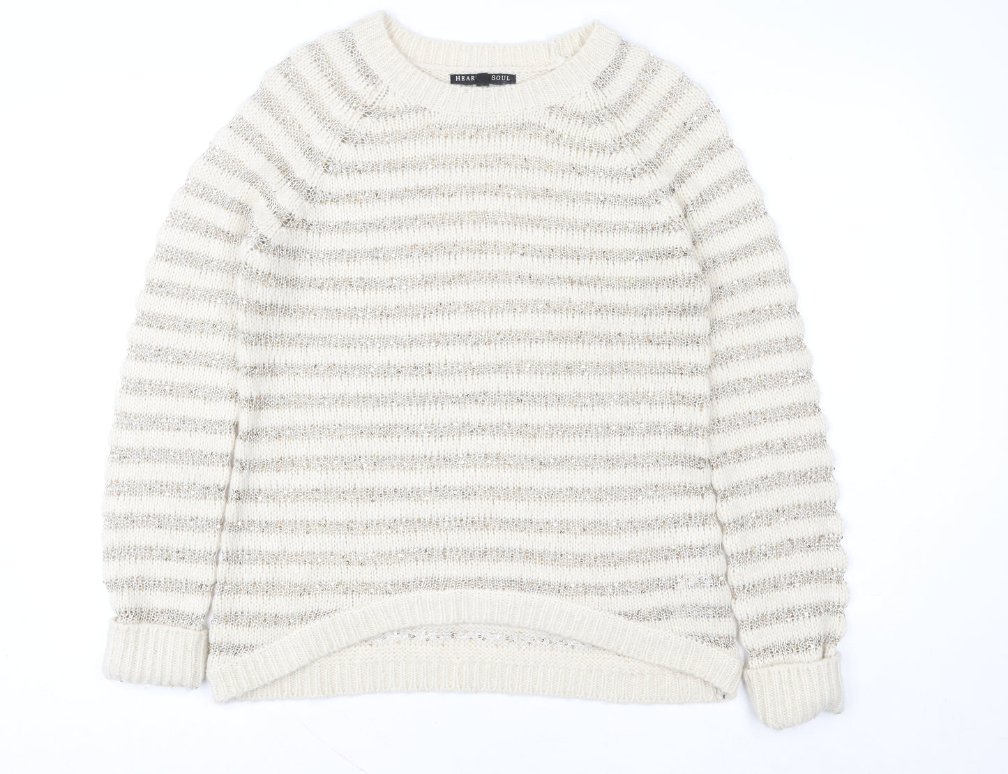Heart & Soul Women’s Beige Striped Knit Jumper Size 12 Crew Neck