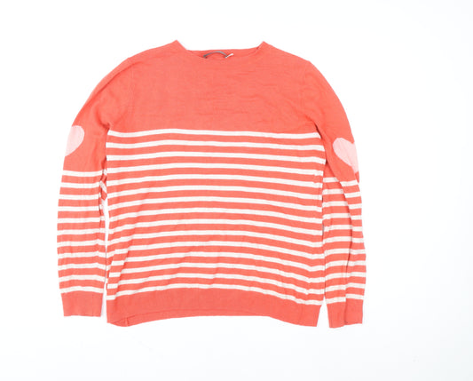 Mint Velvet Women Coral Stripe Heart Elbow Cotton Blend Pullover Jumper Size 12