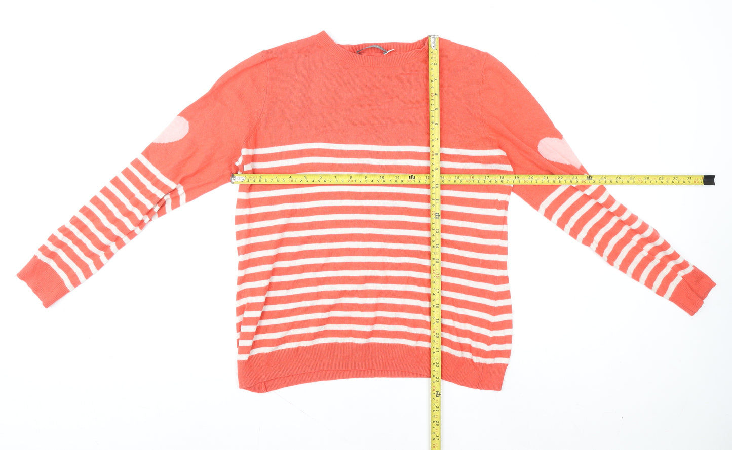 Mint Velvet Women Coral Stripe Heart Elbow Cotton Blend Pullover Jumper Size 12