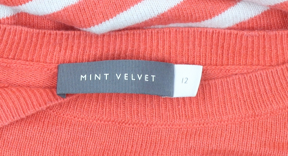 Mint Velvet Women Coral Stripe Heart Elbow Cotton Blend Pullover Jumper Size 12