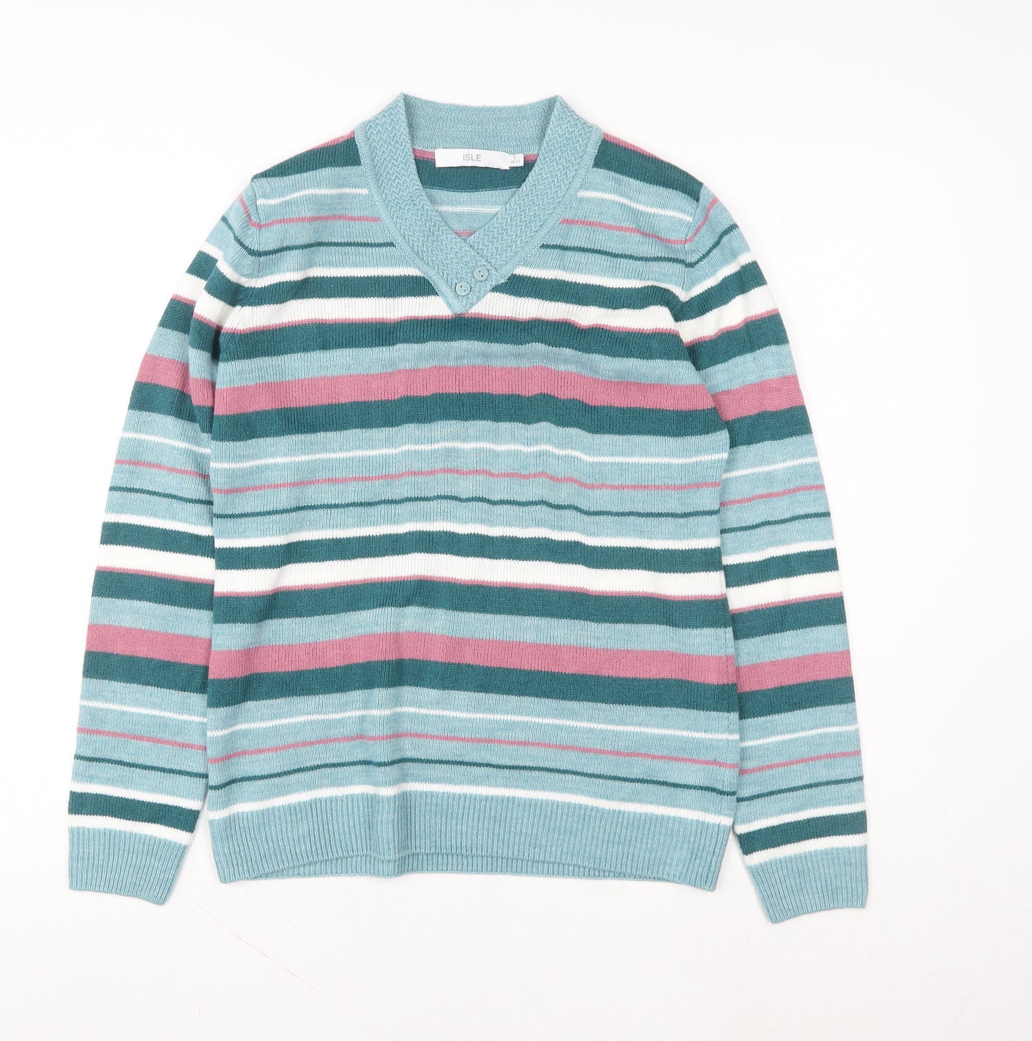 ISLE Women’s Multicoloured Striped Acrylic V-Neck Pullover Jumper Size S 10-12
