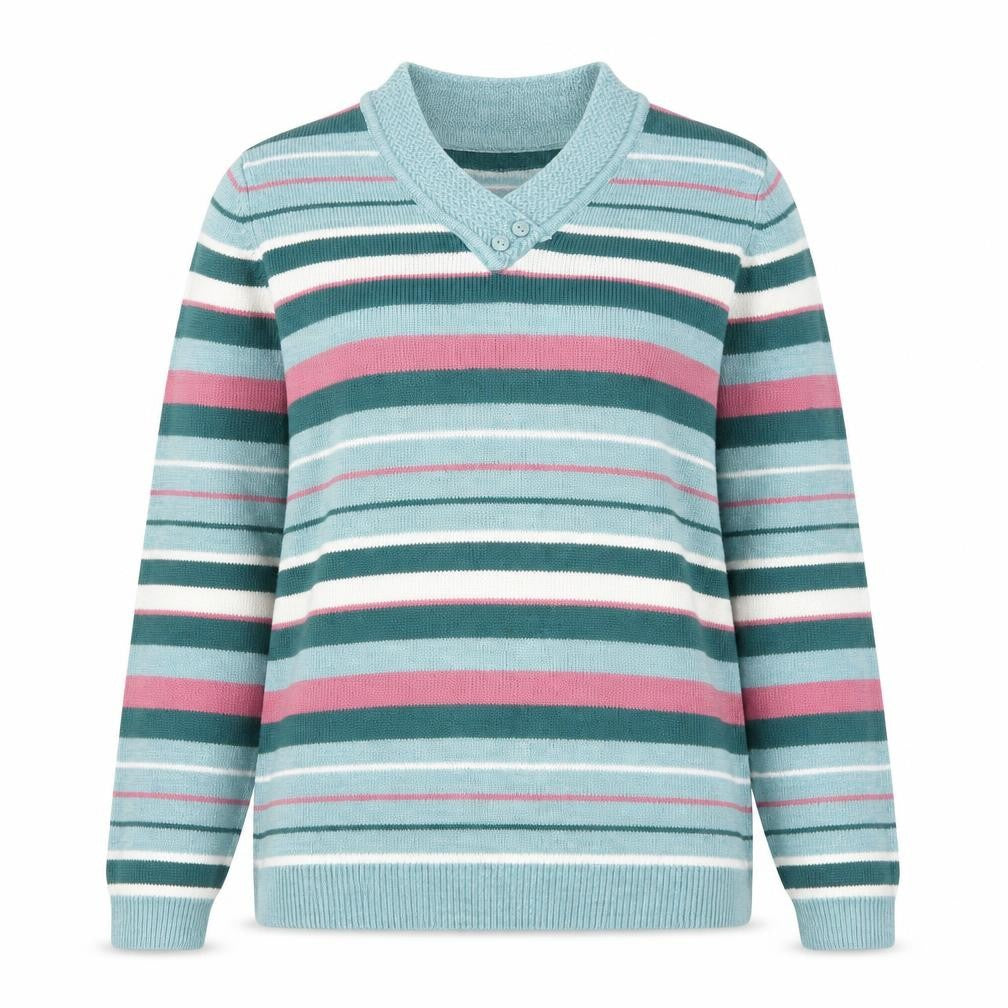 Front view of ISLE Women’s Multicoloured Striped Acrylic V-Neck jumper, size S, 10-12