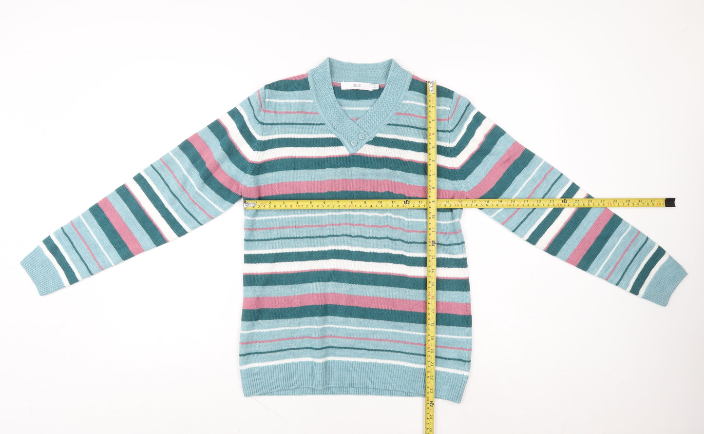 ISLE Women’s Multicoloured Striped Acrylic V-Neck Pullover Jumper Size S 10-12