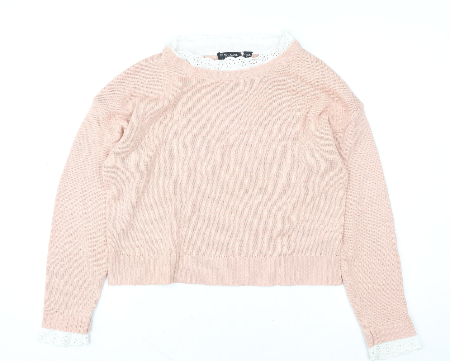 Brave Soul Women's Pink Lace Trim Crew Neck Knit Jumper Size S