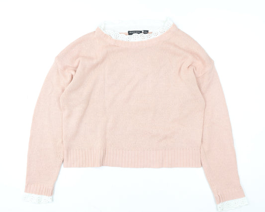 Brave Soul Women's Pink Lace Trim Crew Neck Knit Jumper Size S