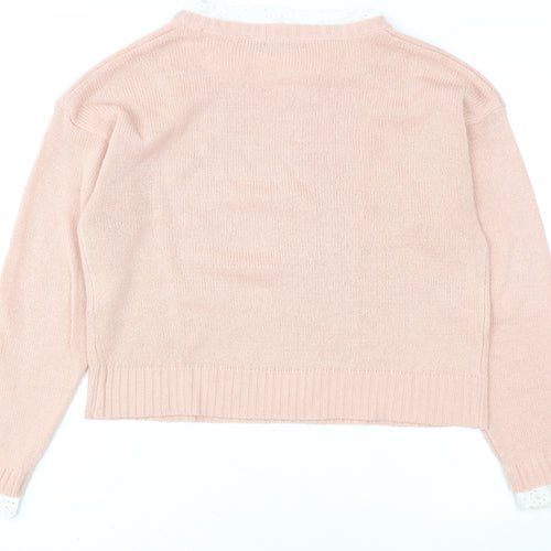 Brave Soul Women's Pink Lace Trim Crew Neck Knit Jumper Size S