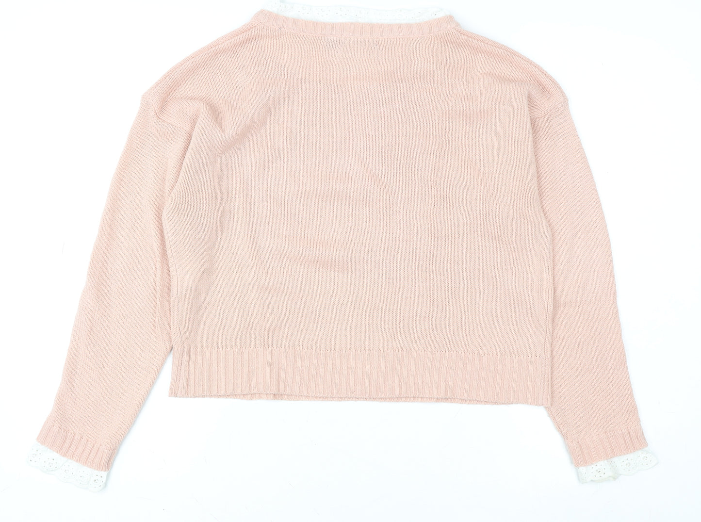 Brave Soul Women's Pink Lace Trim Crew Neck Knit Jumper Size S
