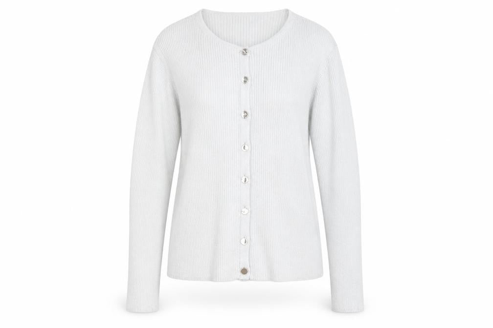 Front view of Marks & Spencer women’s silver l cardigan knit button front long sleeve