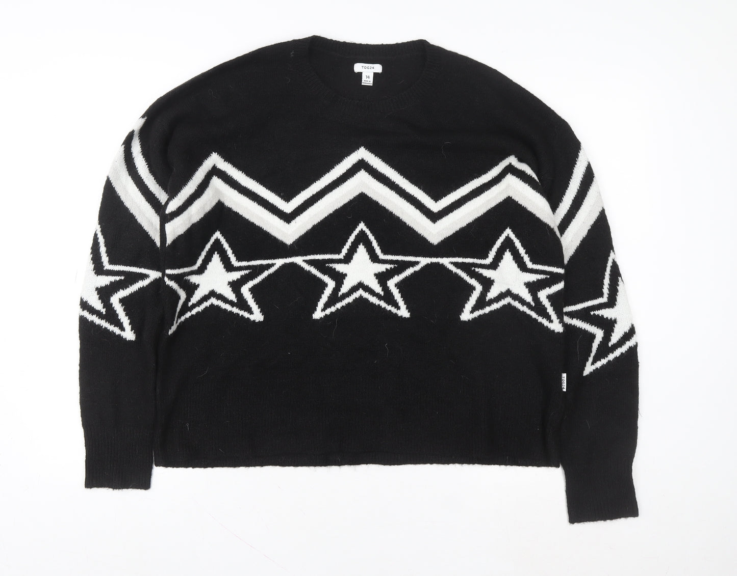 TOG24 Women's Black Star Pattern Crew Neck Jumper Size 14