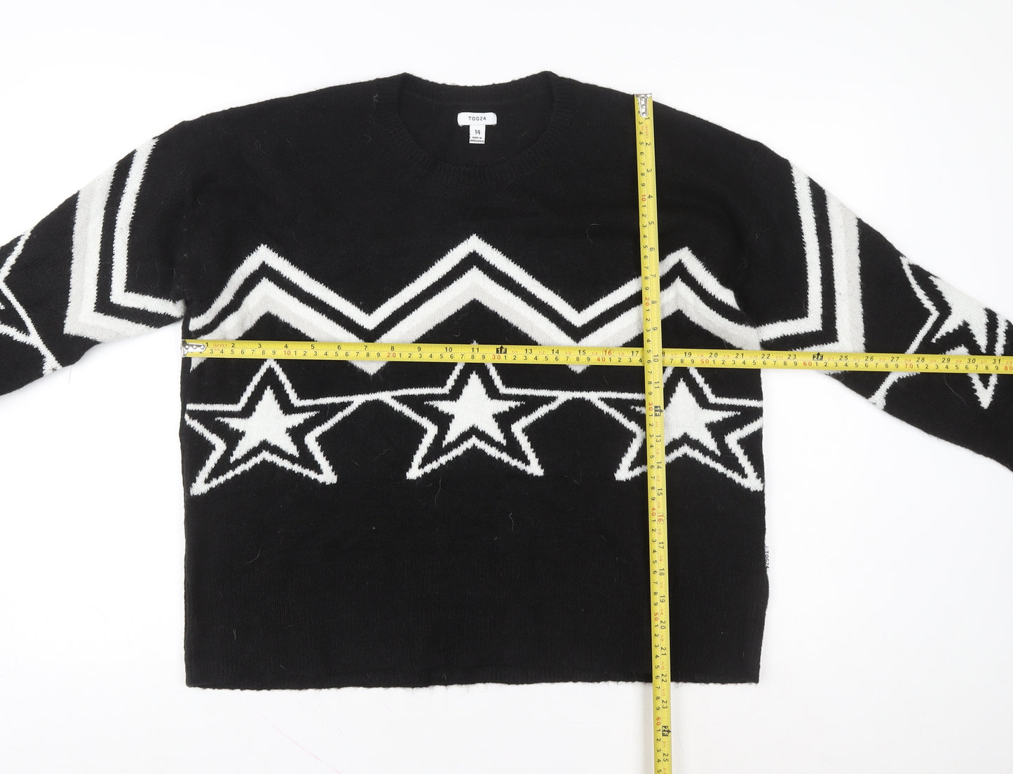 TOG24 Women's Black Star Pattern Crew Neck Jumper Size 14