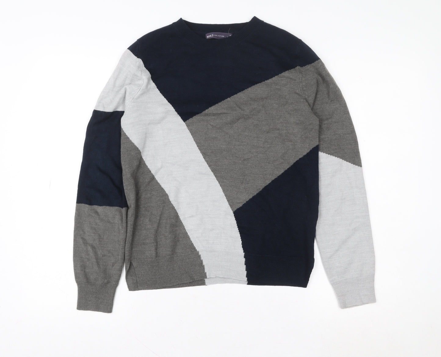 Marks and Spencer Womens Grey Blue Geometric Crew Neck Pullover Size 10