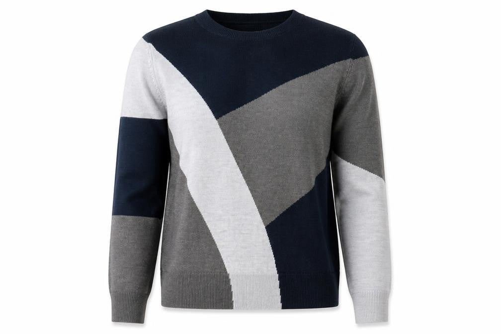 Front view of Marks & Spencer women’s grey blue geometric crew neck pullover, size UK 10
