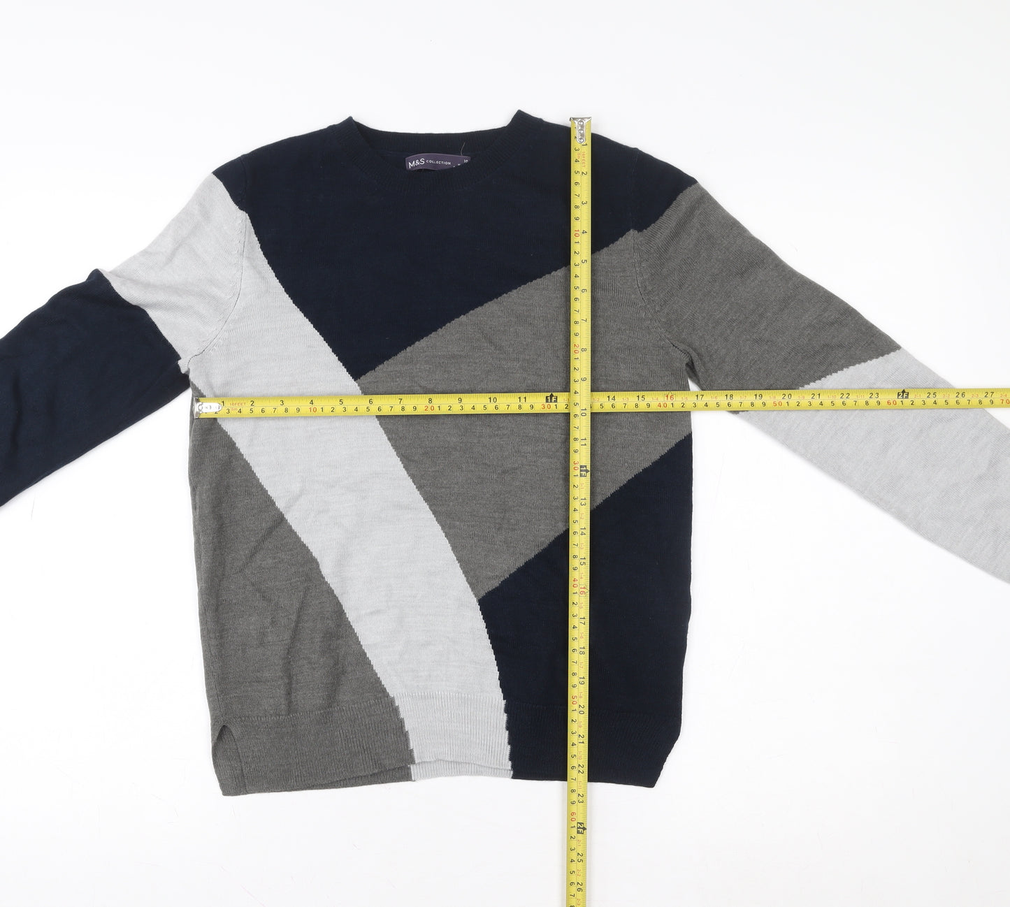 Marks and Spencer Womens Grey Blue Geometric Crew Neck Pullover Size 10