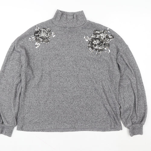 F&F Women's Grey Sequin High Neck Pullover Sweatshirt Size 12