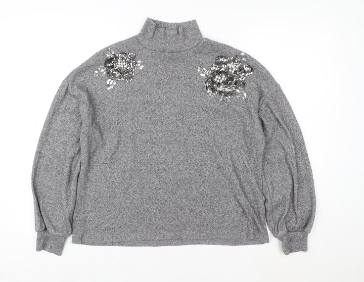 F&F Women's Grey Sequin High Neck Pullover Sweatshirt Size 12