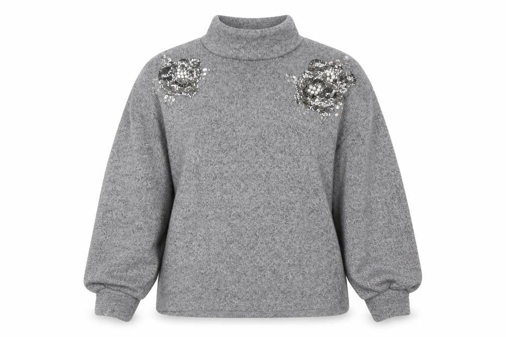 Front view of F&F Women's Grey Sequin High Neck Pullover Sweatshirt, size 12