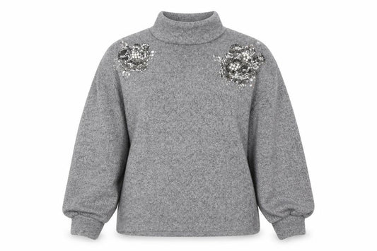 Front view of F&F Women's Grey Sequin High Neck Pullover Sweatshirt, size 12