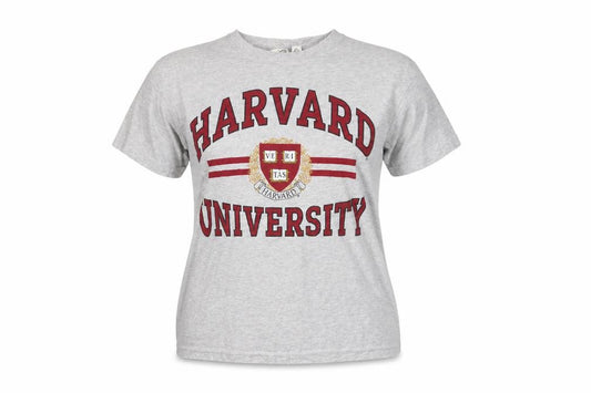 Front view of H&M Women’s Grey Harvard University Relaxed T-Shirt, size UK 12