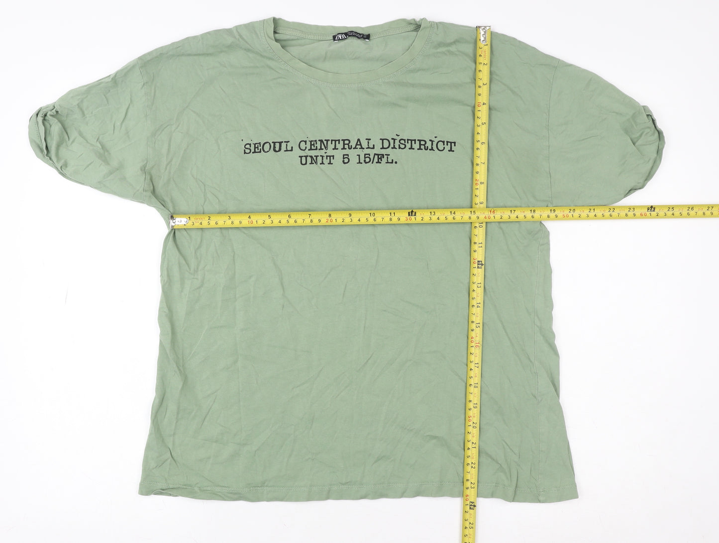 Zara Women's Green Basic Cotton T-Shirt Size S Crew Neck Short Sleeve