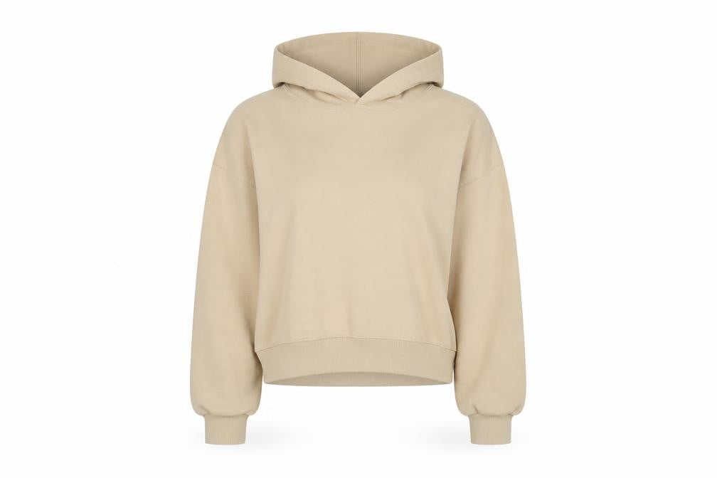 Front view of Stradivarius women’s beige hoodie medium pullover cotton blend sweater