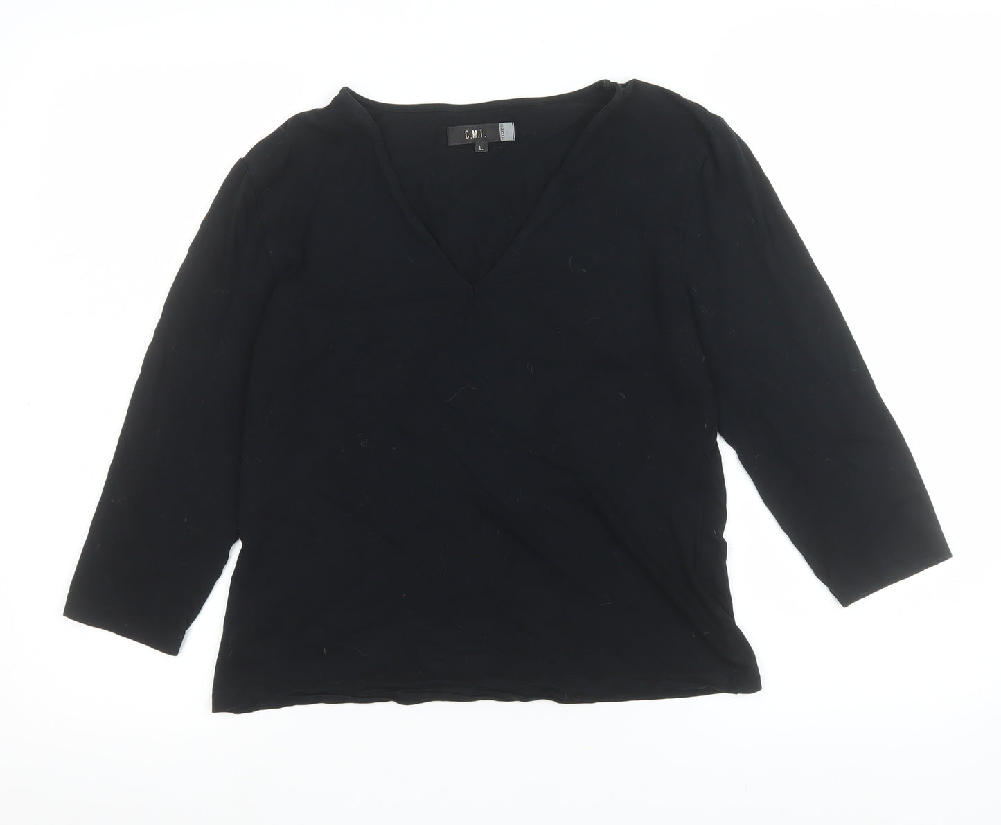 C.M.T. Women’s Black V-Neck 3/4 Sleeve Stretch Blouse Size L