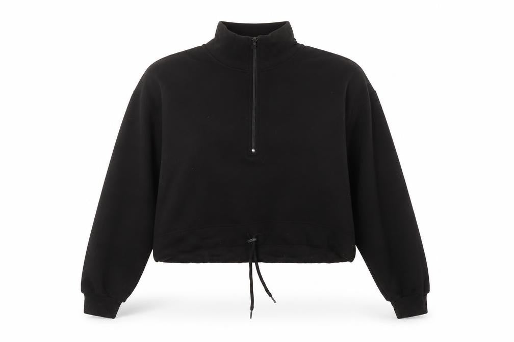 Front view of Femme Luxe women’s black 1/2 zip cropped sweatshirt, size UK 8