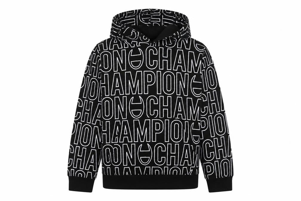 Front view of Champion boys’ black logo print pullover hoodie 13-14 years