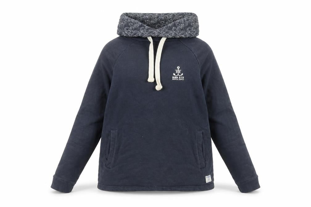 Front view of Quba & Co Navy Blue Women's, size 8, Pullover Hoodie with Anchor Logo