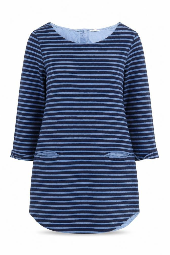 Front view of White Stuff Women's Blue Striped Cotton Shift Dress, size 12