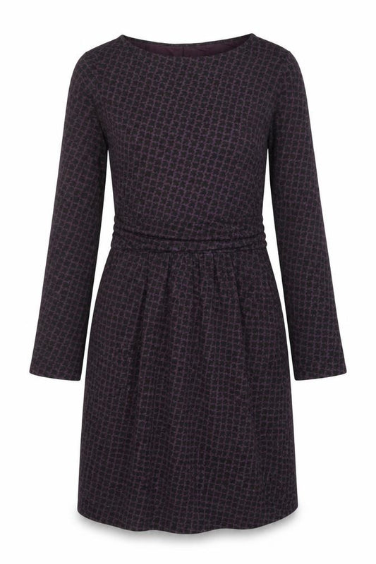 Front view of Boden Women Purple Geometric Fit & Flare Jersey Dress, size 10R