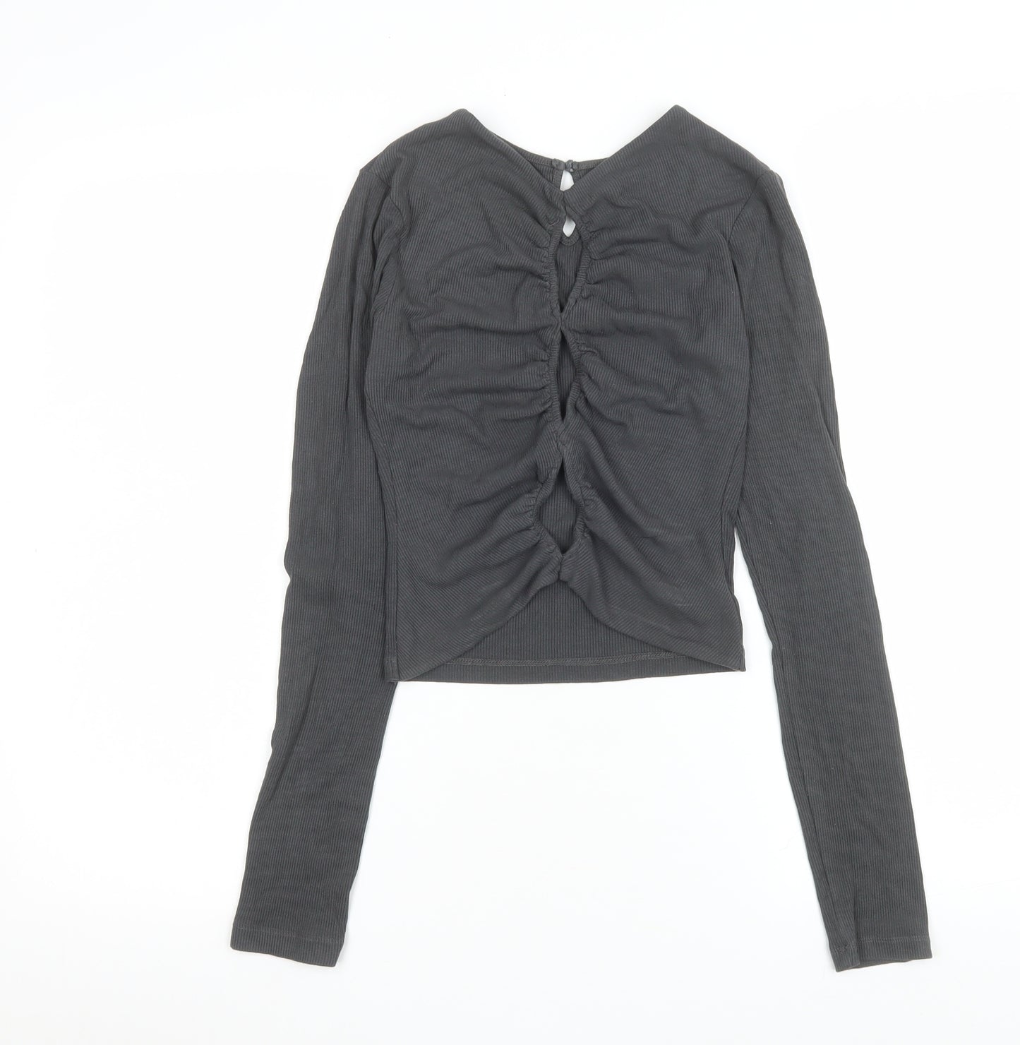 THE KRIPT Women Black XS Cropped Long Sleeve Ruched Ribbed Top