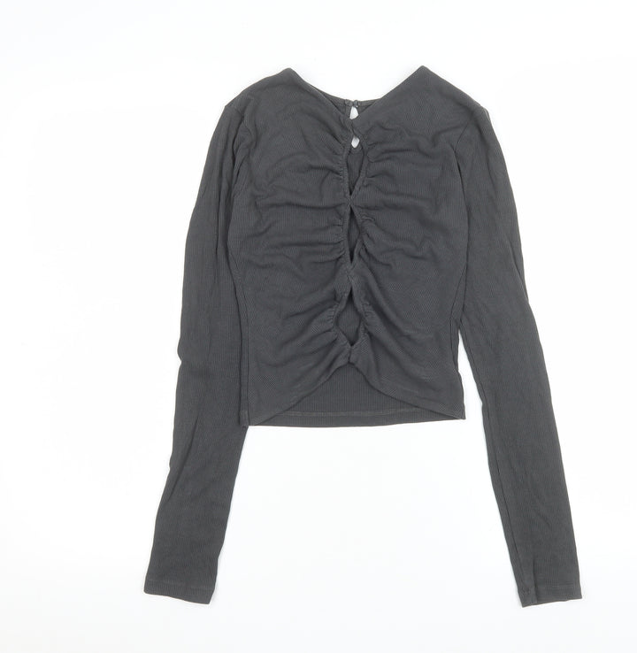 THE KRIPT Women Black XS Cropped Long Sleeve Ruched Ribbed Top