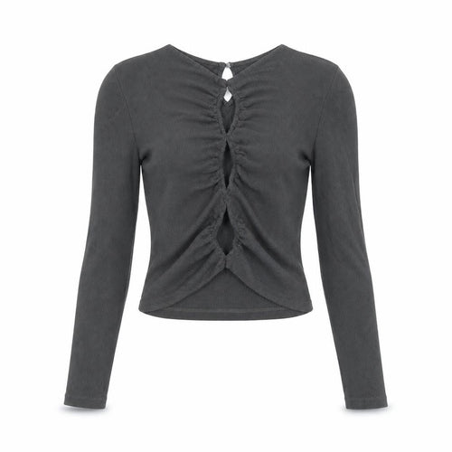 THE KRIPT Women Black XS Cropped Long Sleeve Ruched Ribbed Top